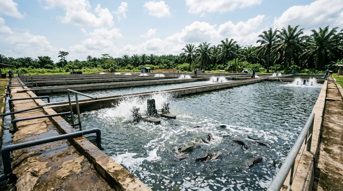Concrete aquaculture raceway ponds in Asaba with active aeration
