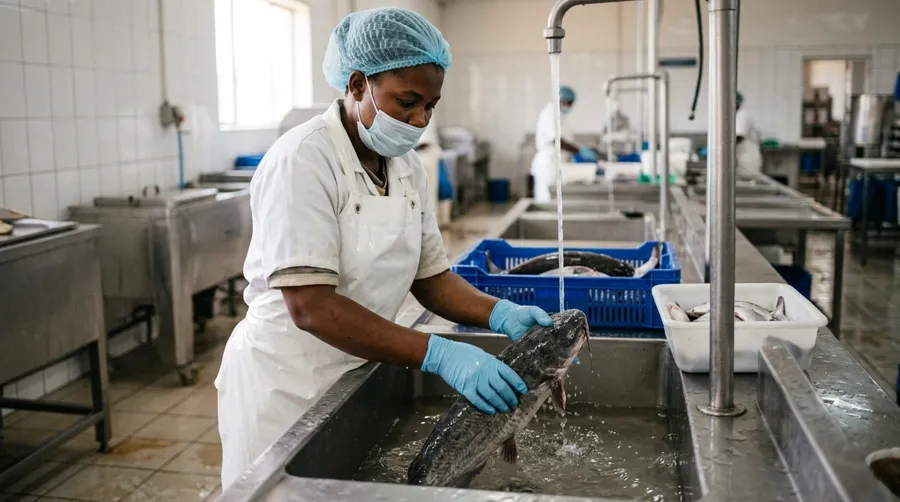 Spotless fish prep counter with running water and sanitary washing